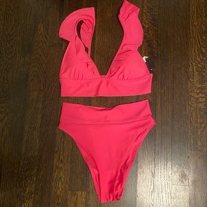 AERIE Ruffle Longline Bikini Top- hot pink- size M